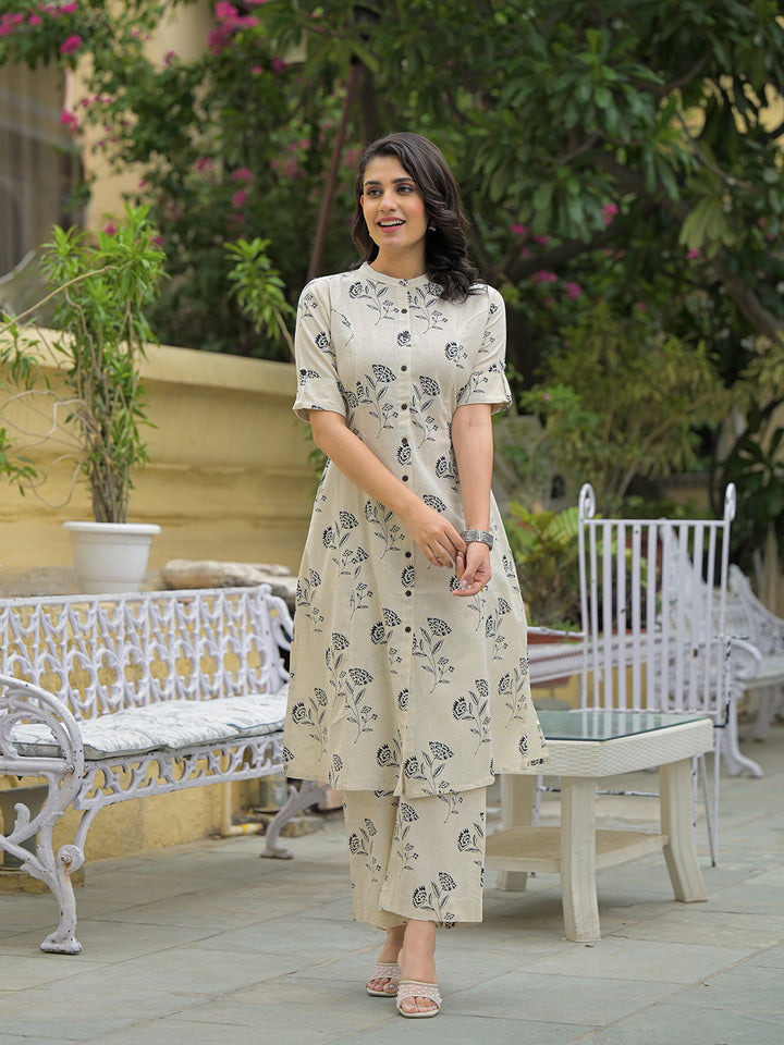 Divena Cream Cotton Floral Printed Kurta Pant Sets