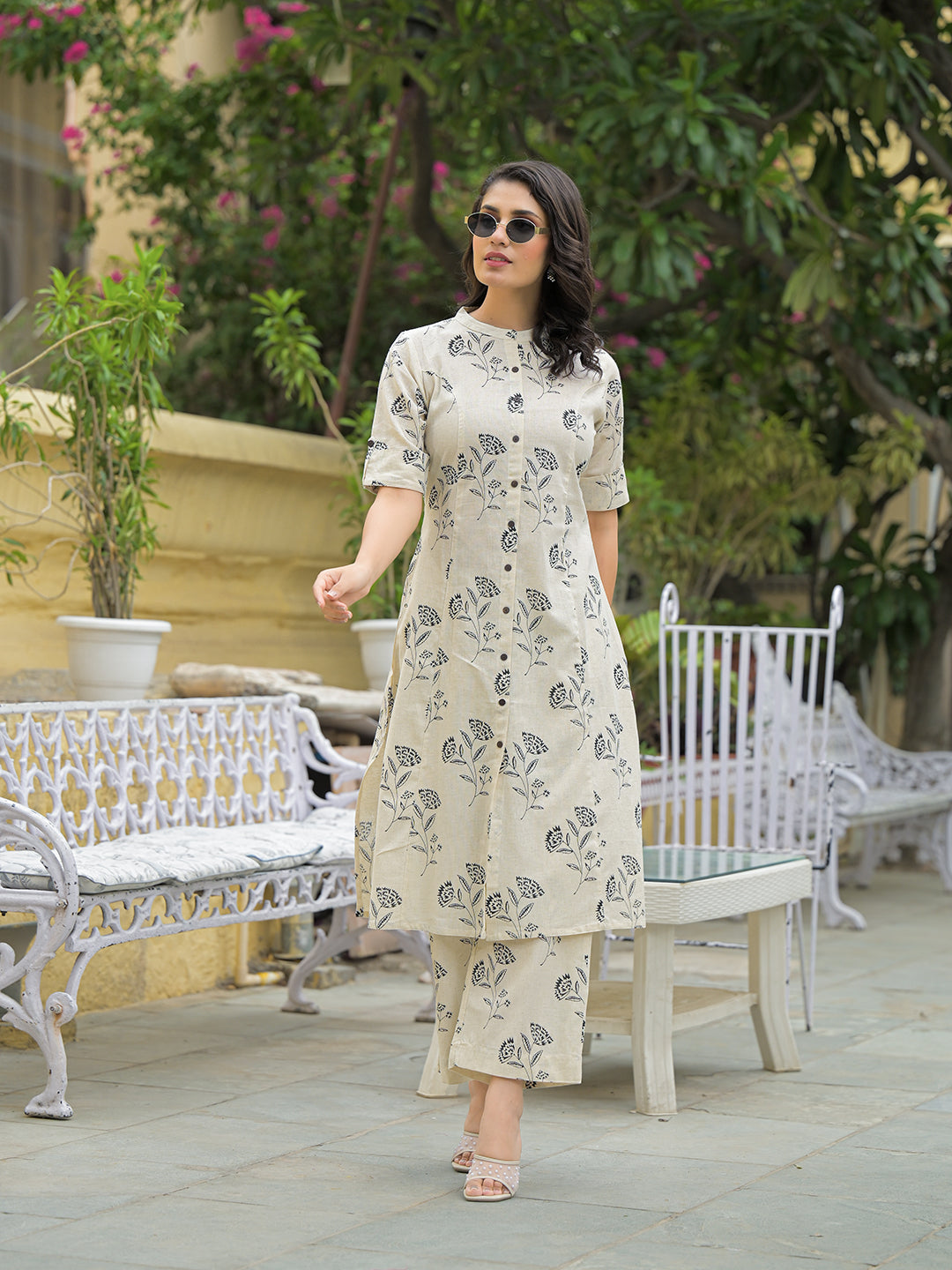 Divena Cream Cotton Floral Printed Kurta Pant Sets