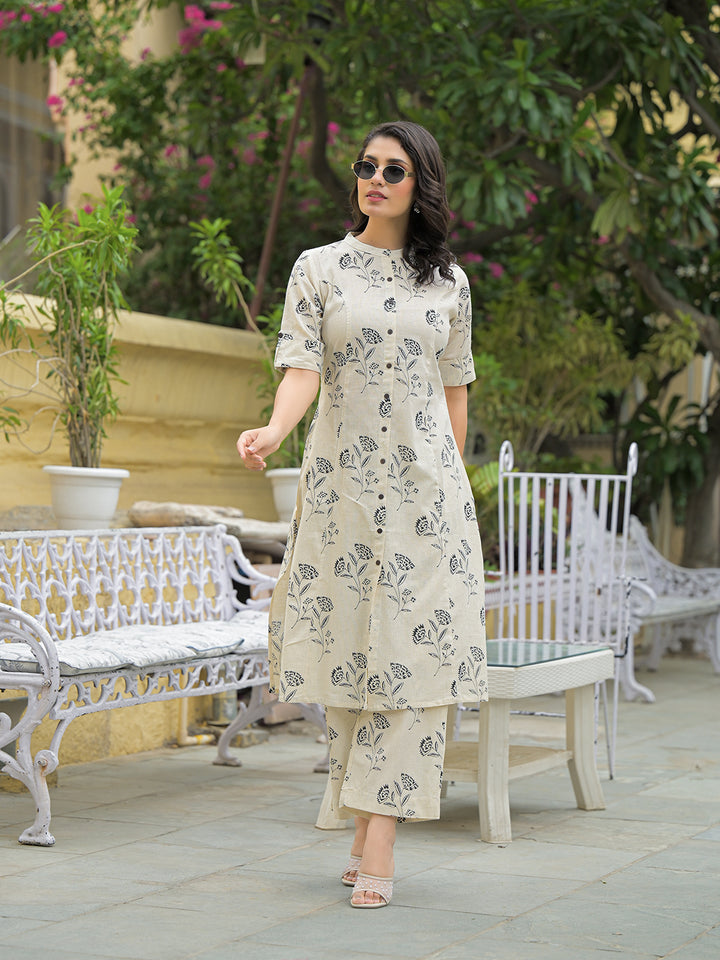 Divena Cream Cotton Floral Printed Kurta Pant Sets