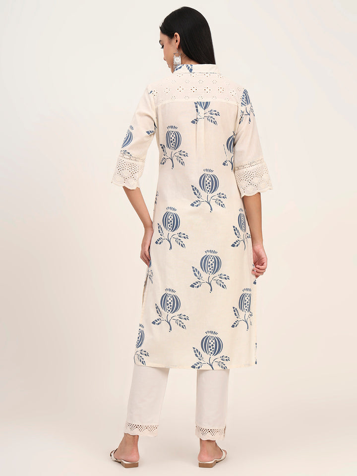 Divena Off White Floral Cotton A-Line Kurta
