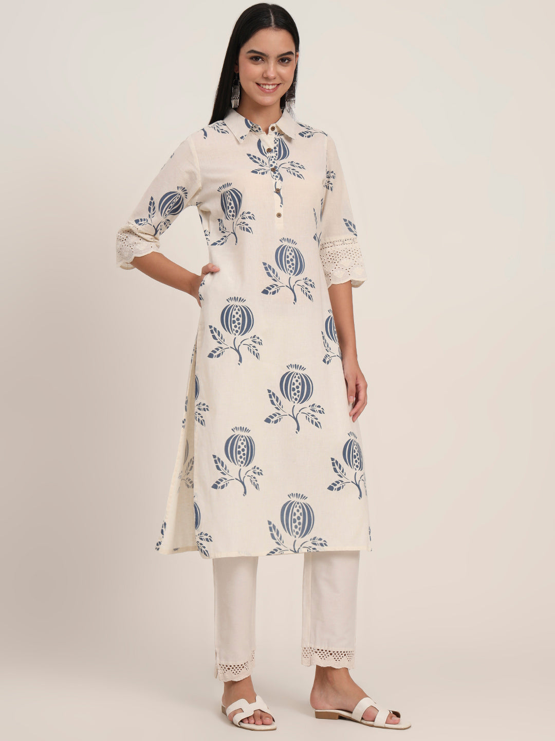 Divena Off White Floral Cotton A-Line Kurta