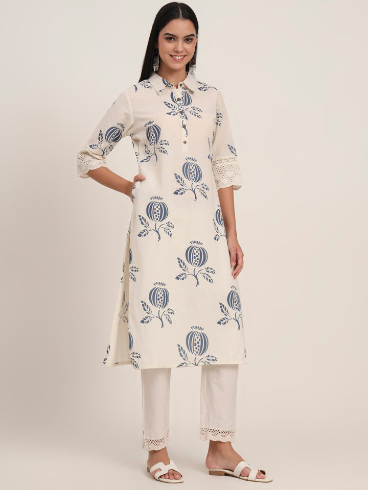 Divena Off White Floral Cotton A-Line Kurta