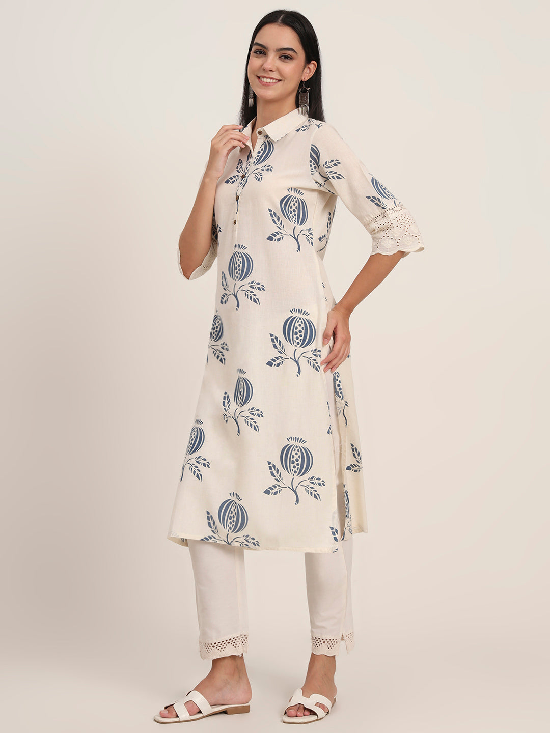 Divena Off White Floral Cotton A-Line Kurta