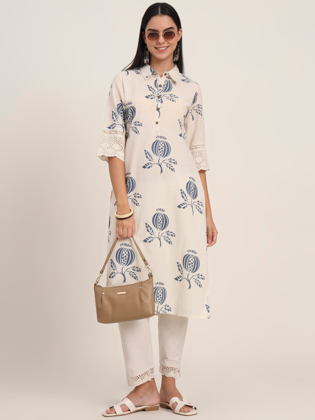 Divena Off White Floral Cotton A-Line Kurta