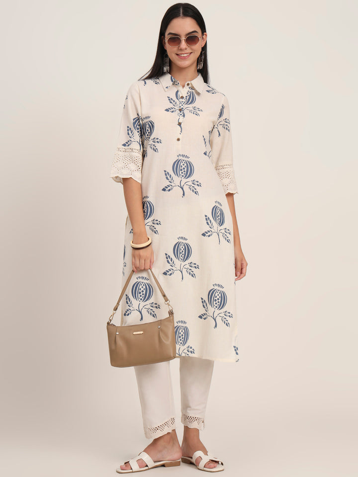 Divena Off White Floral Cotton A-Line Kurta