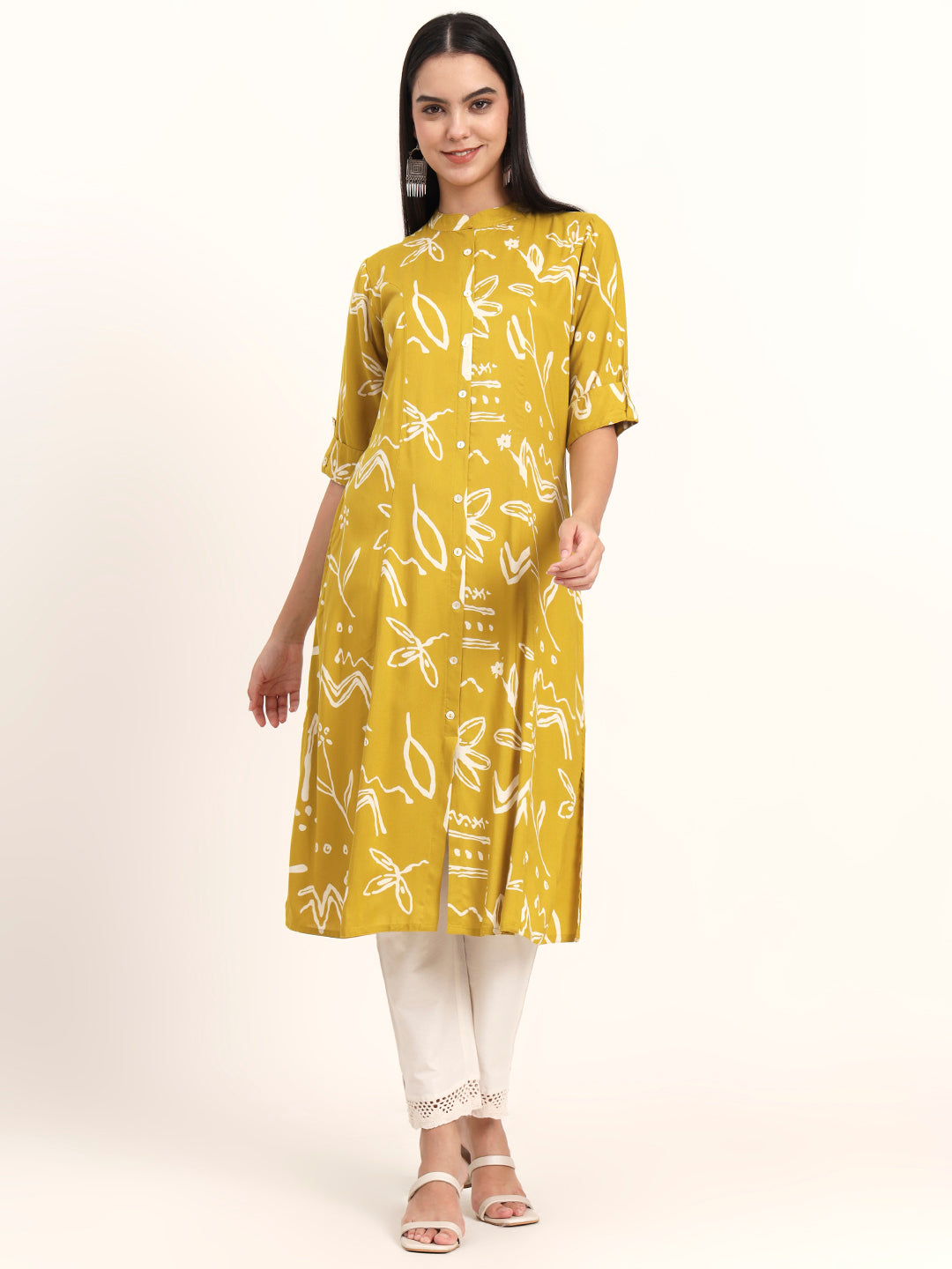 Divena Mustard Abstract Rayon A-Line Kurta