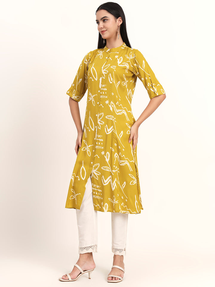 Divena Mustard Abstract Rayon A-Line Kurta