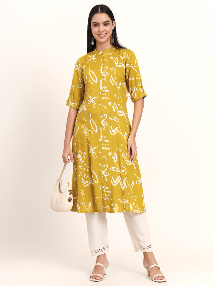 Divena Mustard Abstract Rayon A-Line Kurta