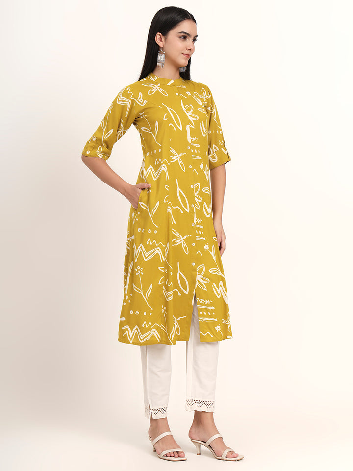 Divena Mustard Abstract Rayon A-Line Kurta