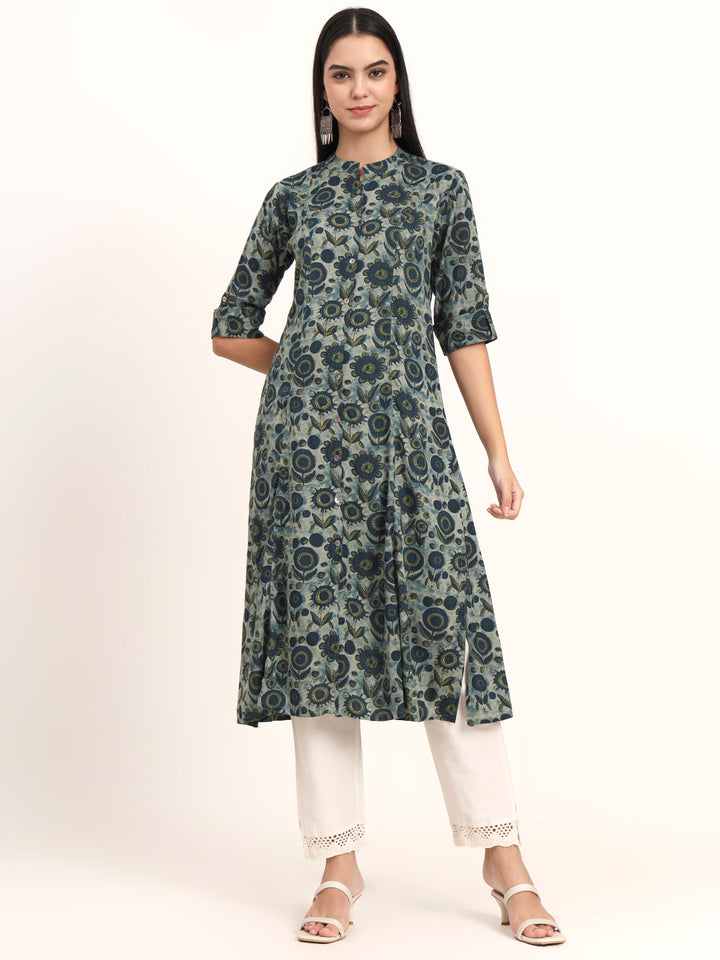 Divena Grey Floral Rayon A-Line Kurta