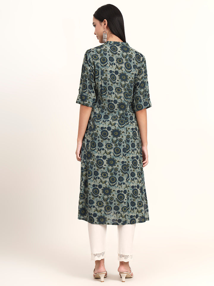 Divena Grey Floral Rayon A-Line Kurta