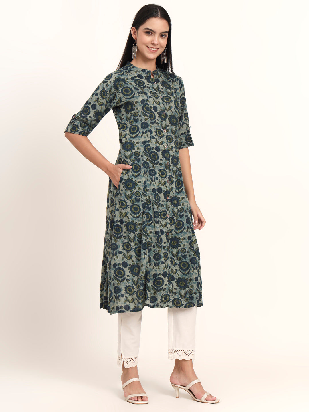 Divena Grey Floral Rayon A-Line Kurta