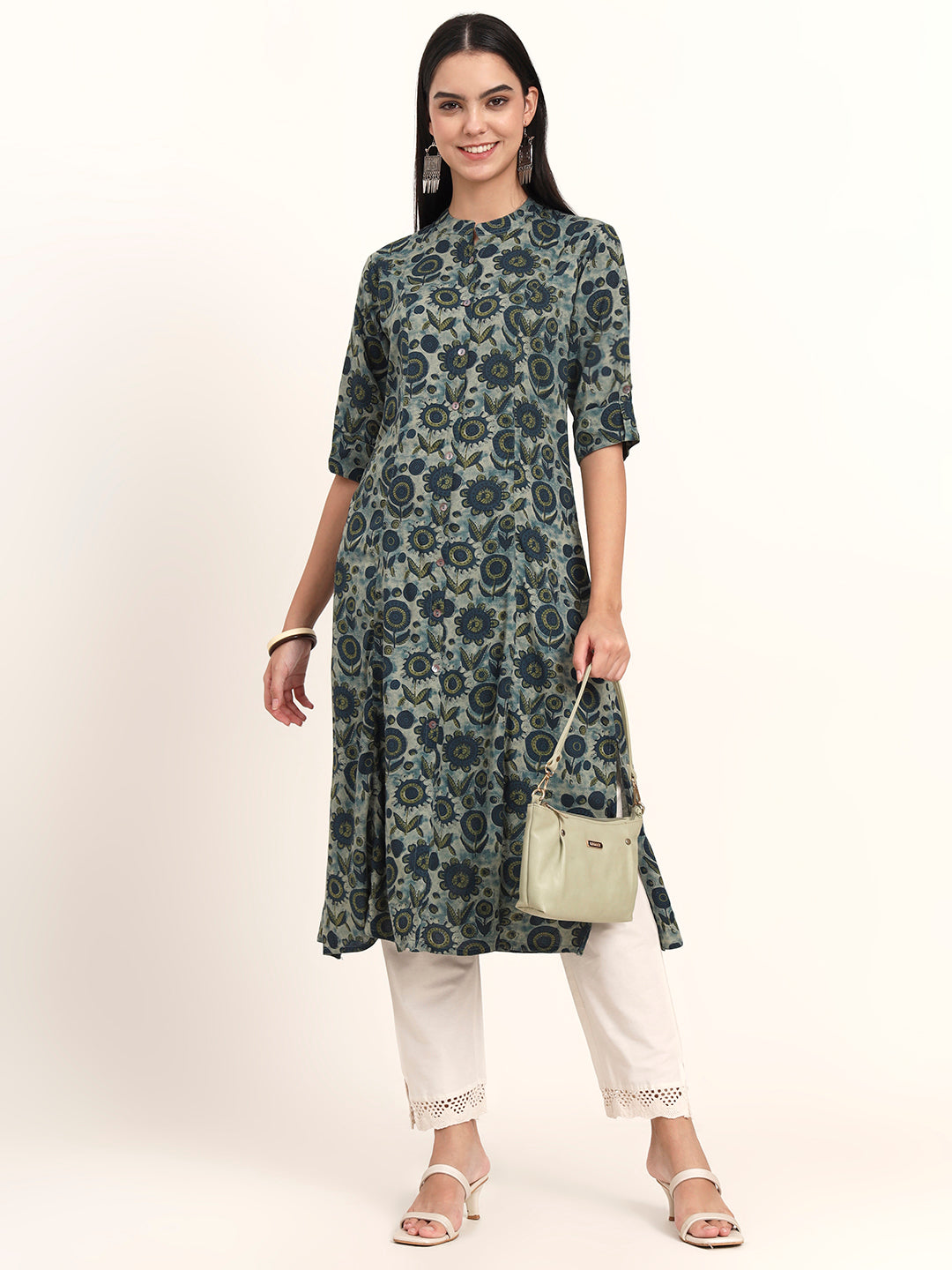 Divena Grey Floral Rayon A-Line Kurta