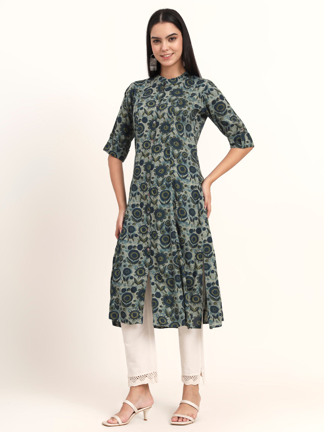 Divena Grey Floral Rayon A-Line Kurta