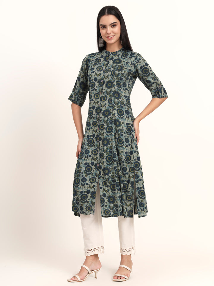 Divena Grey Floral Rayon A-Line Kurta