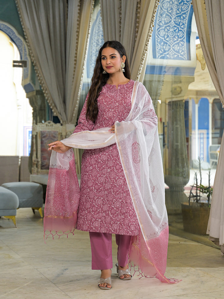 Divena Pink Embroidered Cotton Straight Kurta Pant Set With Dupatta