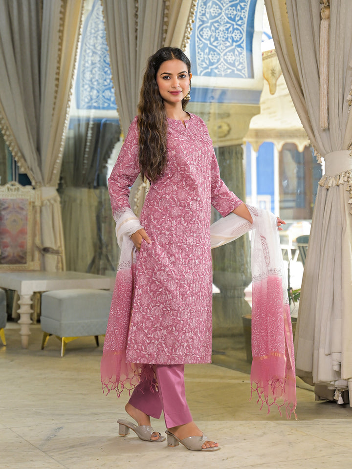 Divena Pink Embroidered Cotton Straight Kurta Pant Set With Dupatta