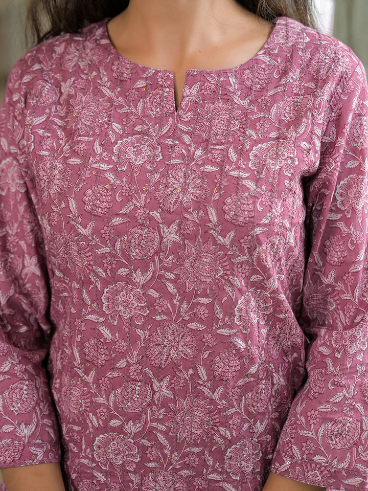 Divena Pink Embroidered Cotton Straight Kurta Pant Set With Dupatta