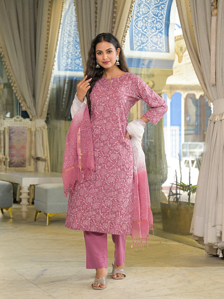 Divena Pink Embroidered Cotton Straight Kurta Pant Set With Dupatta