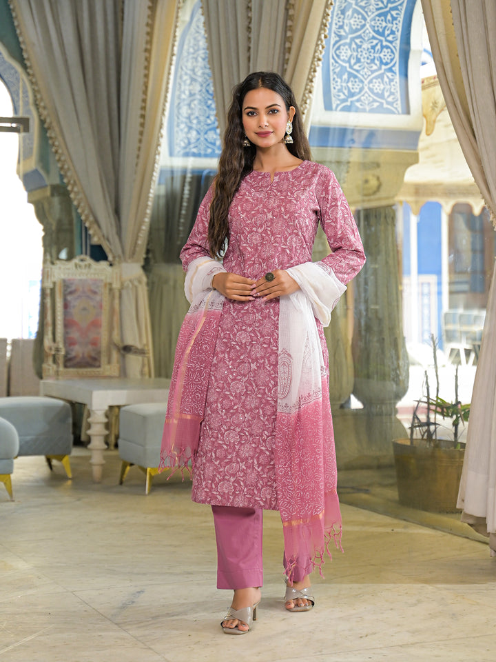 Divena Pink Embroidered Cotton Straight Kurta Pant Set With Dupatta