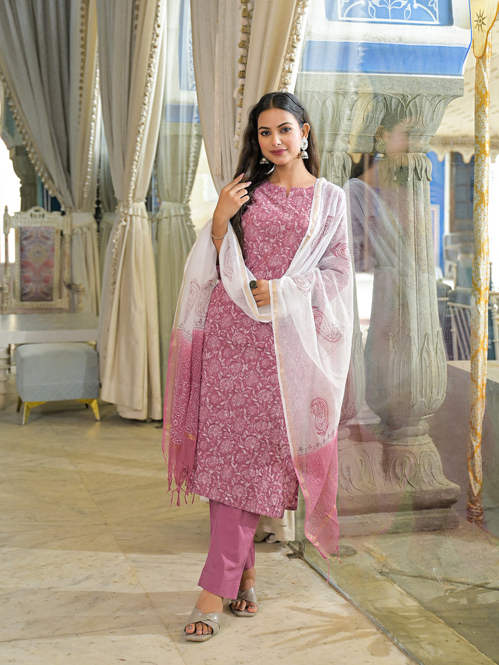 Divena Pink Embroidered Cotton Straight Kurta Pant Set With Dupatta