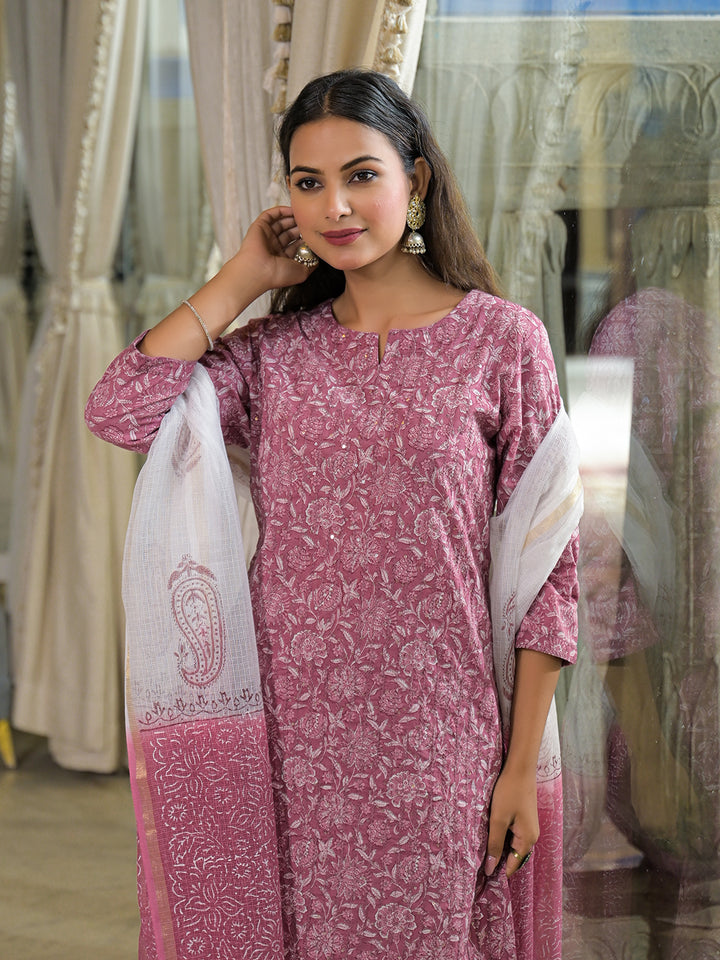 Divena Pink Embroidered Cotton Straight Kurta Pant Set With Dupatta