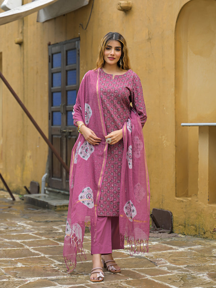 Divena Pink Embroidered Cotton Straight Kurta Pant Set With Dupatta