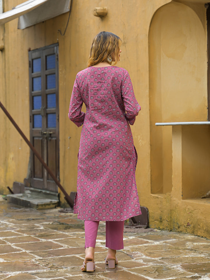 Divena Pink Embroidered Cotton Straight Kurta Pant Set With Dupatta