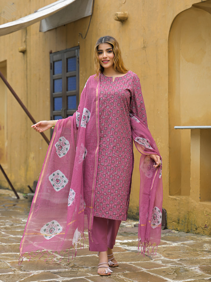 Divena Pink Embroidered Cotton Straight Kurta Pant Set With Dupatta