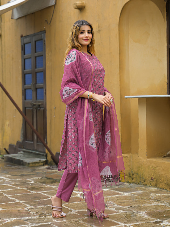 Divena Pink Embroidered Cotton Straight Kurta Pant Set With Dupatta