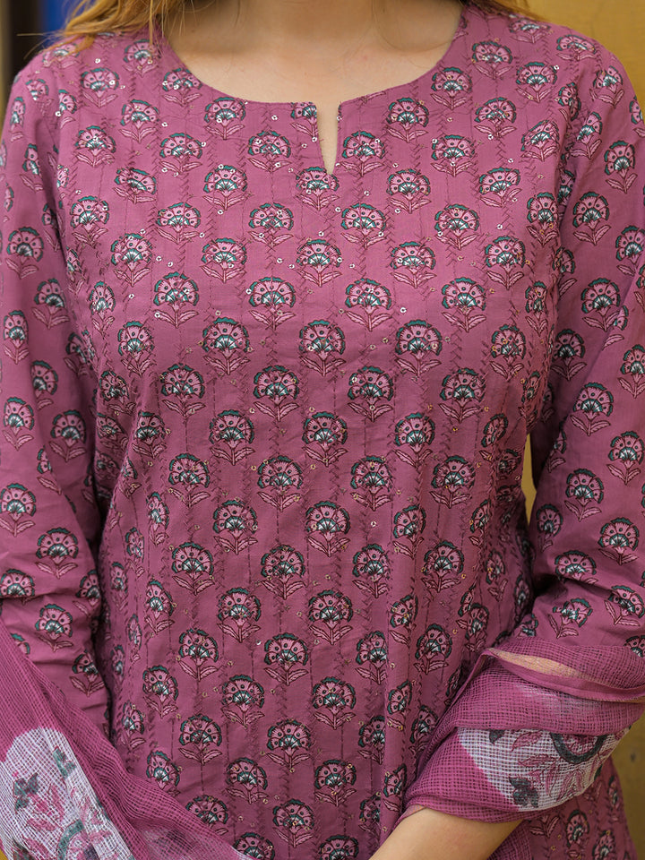 Divena Pink Embroidered Cotton Straight Kurta Pant Set With Dupatta