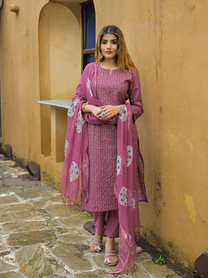 Divena Pink Embroidered Cotton Straight Kurta Pant Set With Dupatta