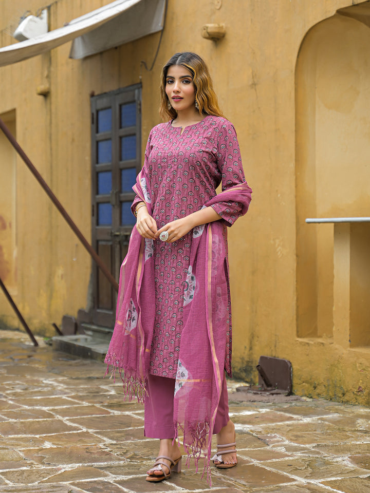 Divena Pink Embroidered Cotton Straight Kurta Pant Set With Dupatta