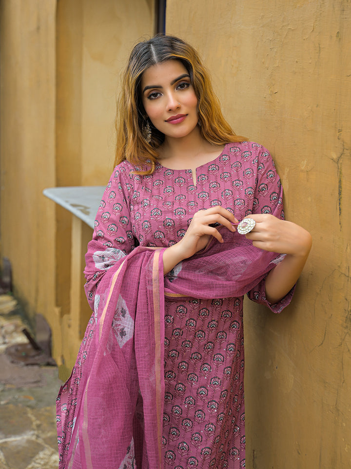 Divena Pink Embroidered Cotton Straight Kurta Pant Set With Dupatta