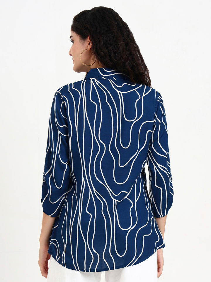 Divena Teal Blue Asymetric Print Rayon Top
