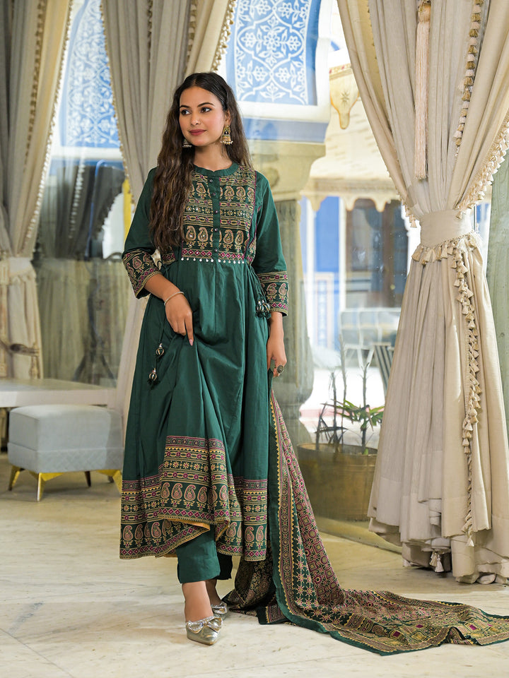 Divena Green Paisley Print Cotton Anarkali Kurta Pant Set With Dupatta