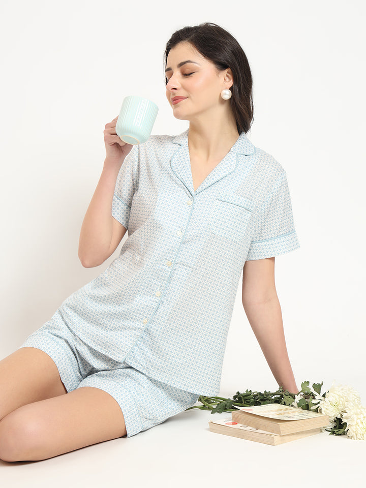 Divena Grey Printed Cotton Shirt with Shorts Night suit