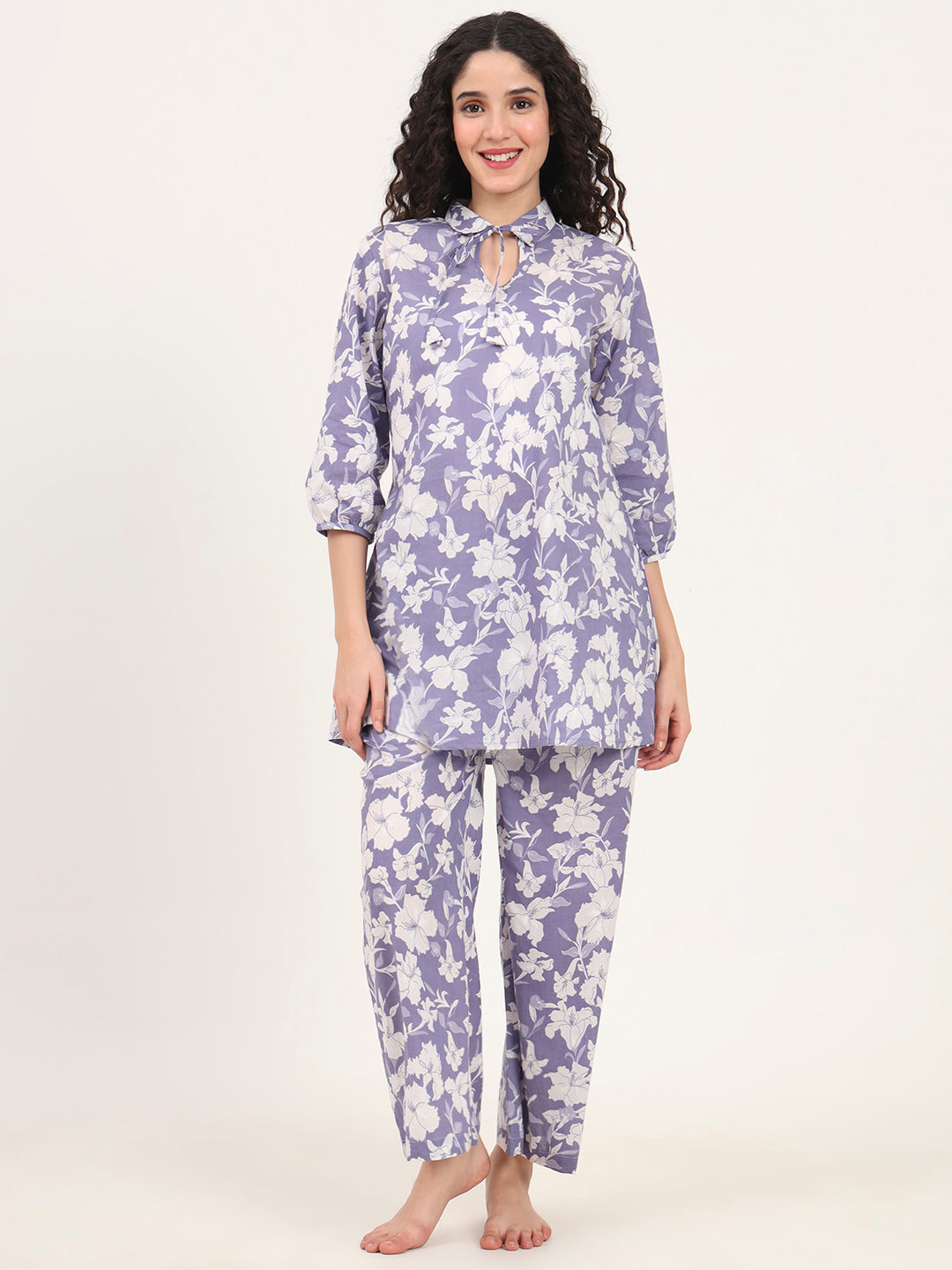 Divena Blue Cotton Night Suit with a Collared Shirt