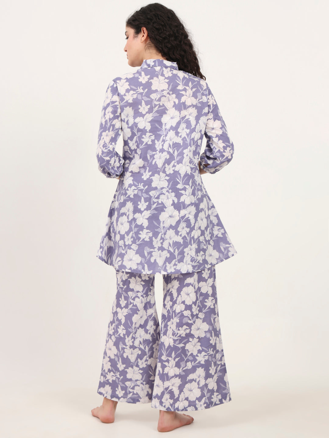 Divena Blue Cotton Night Suit with a Collared Shirt