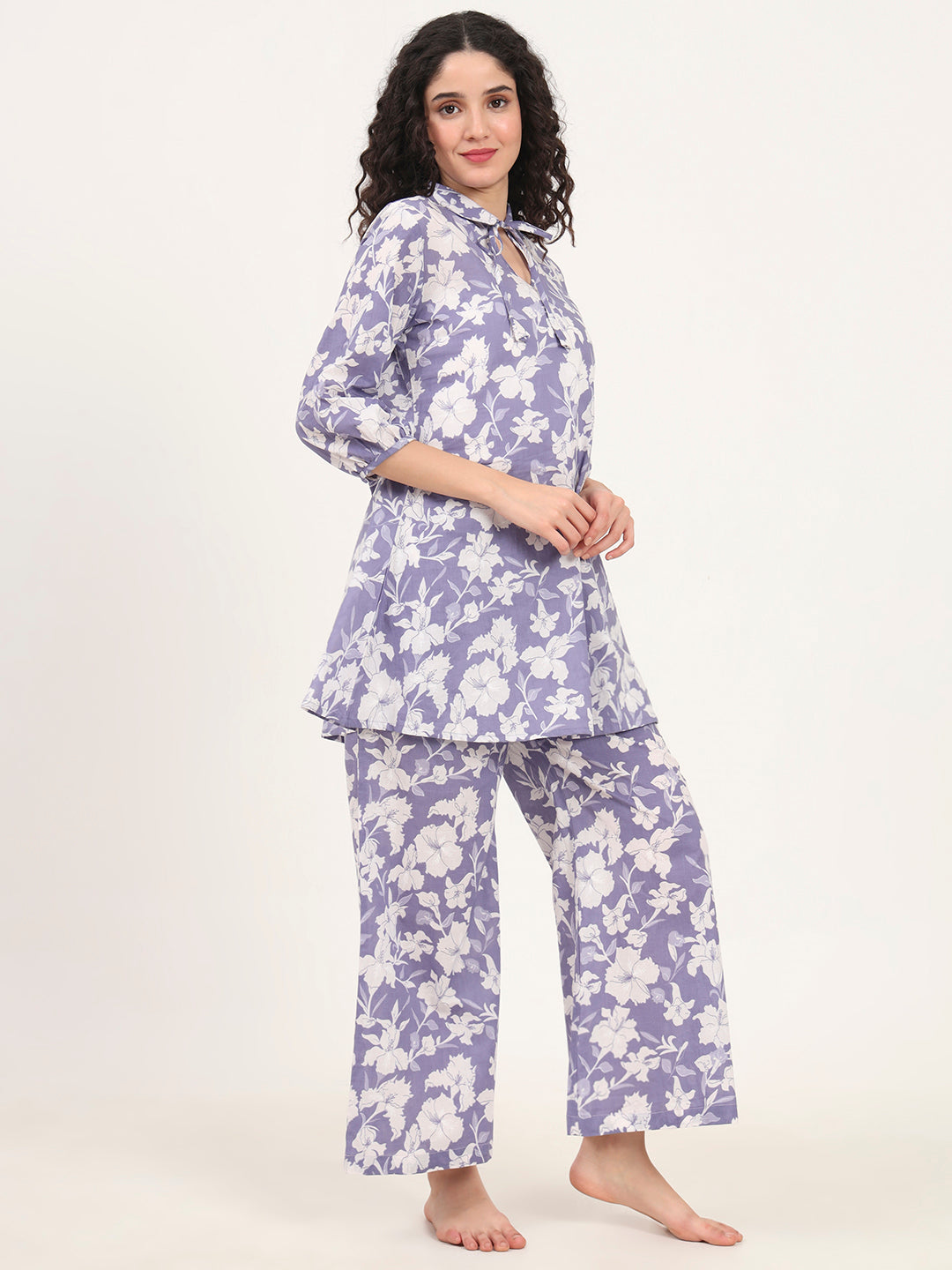 Divena Blue Cotton Night Suit with a Collared Shirt