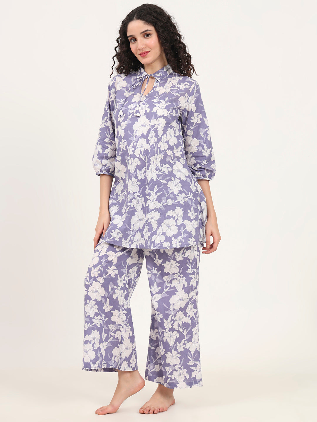 Divena Blue Cotton Night Suit with a Collared Shirt