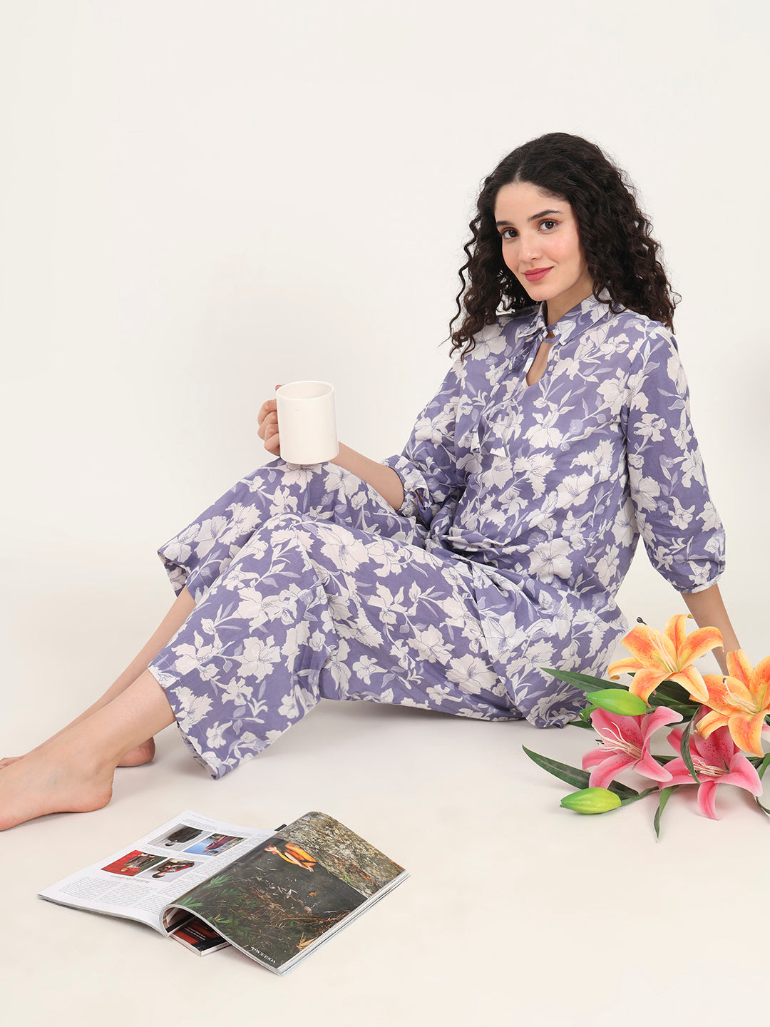 Divena Blue Cotton Night Suit with a Collared Shirt