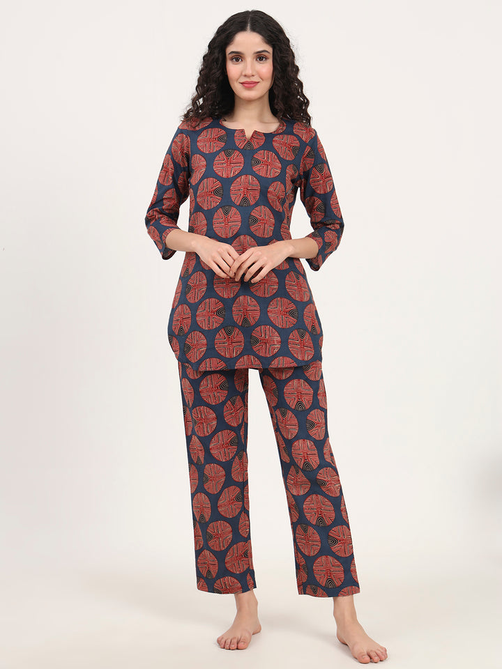 Divena Navy Blue Round Neck Cotton Night Suit