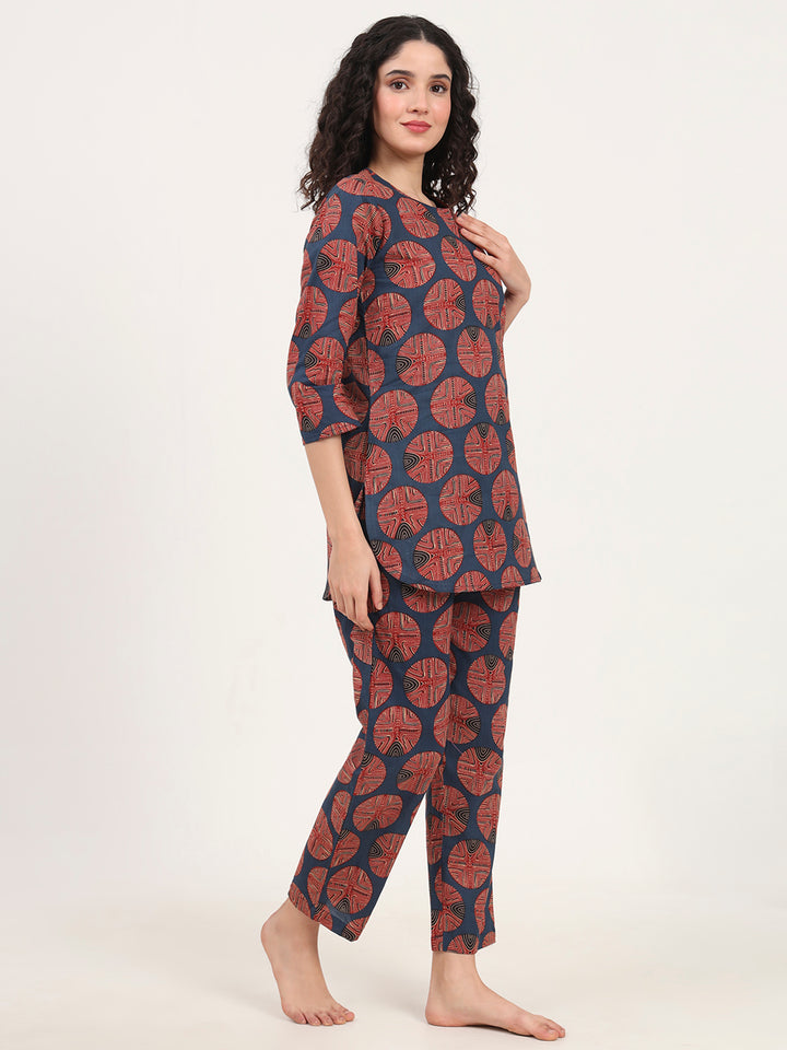 Divena Navy Blue Round Neck Cotton Night Suit