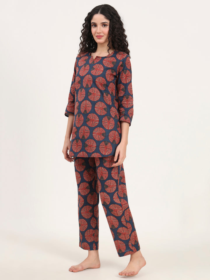 Divena Navy Blue Round Neck Cotton Night Suit