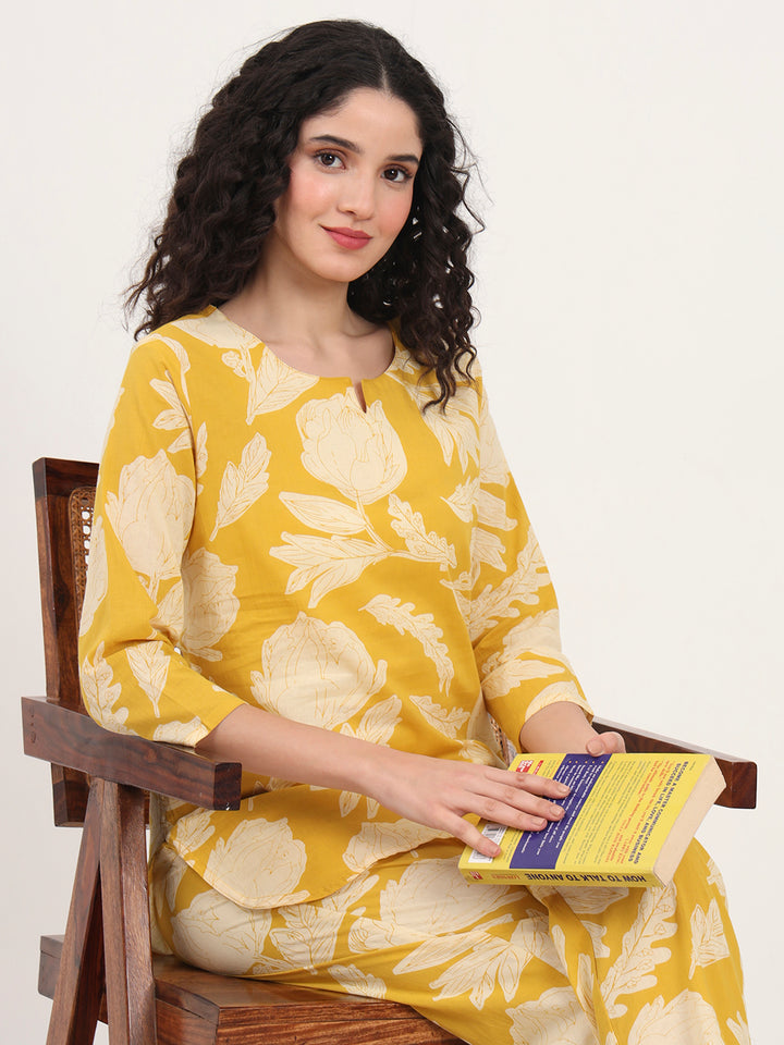 Divena Yellow Round Neck Cotton Night Suit