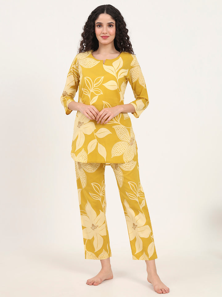 Divena Mustard Round Neck Printed Cotton Night Suit