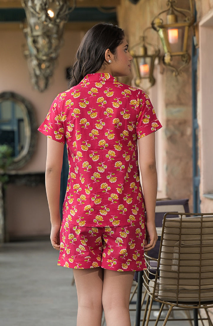 Divena Red Floral Cotton Shirt With Shorts Nightsuit