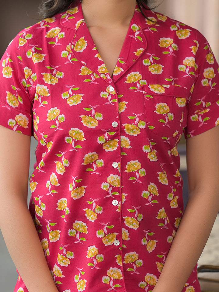 Divena Red Floral Cotton Shirt With Shorts Nightsuit