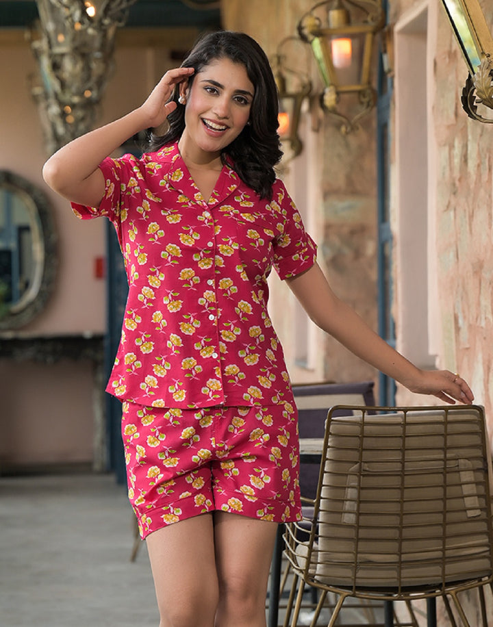 Divena Red Floral Cotton Shirt With Shorts Nightsuit